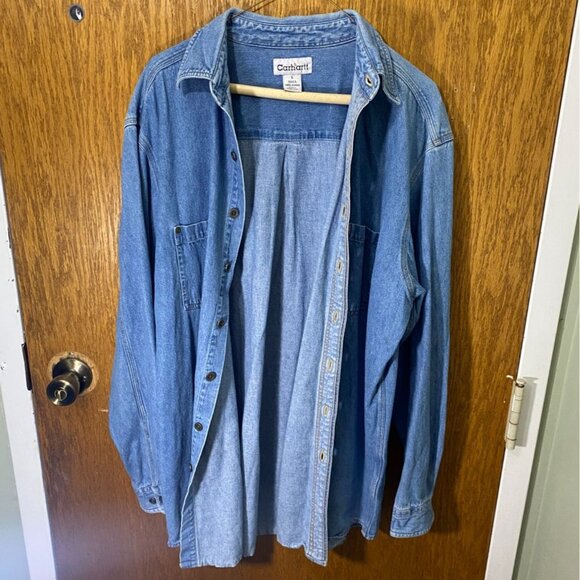 Vintage Carhartt  Chambray Shirt Large Blue Denim Button-Up With Dual Pockets - Picture 9 of 10